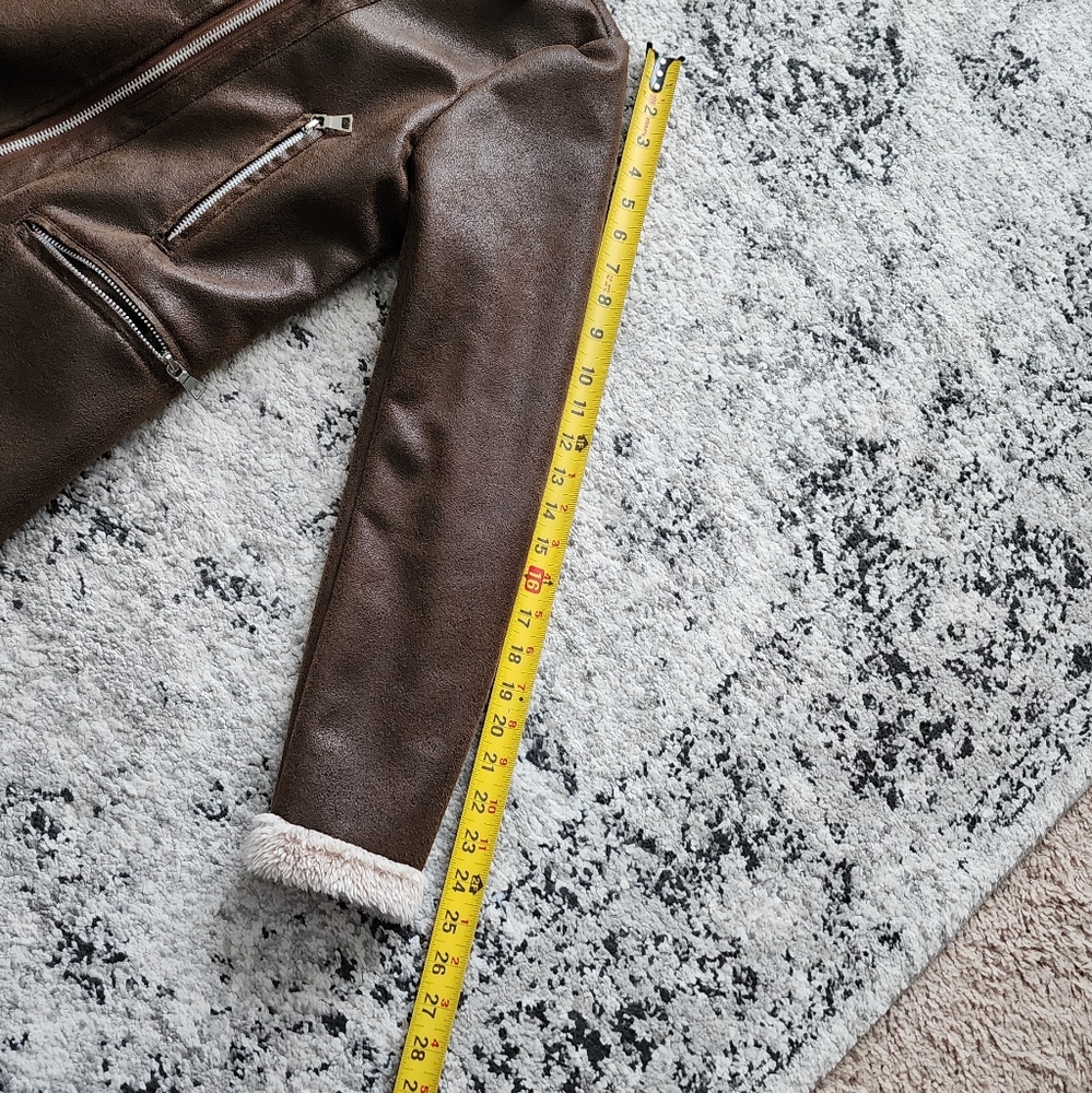 *SOLD* MISS LONDON Faux Leather Aviator Jacket Womens Size M Brown Cream - Picture 8 of 10